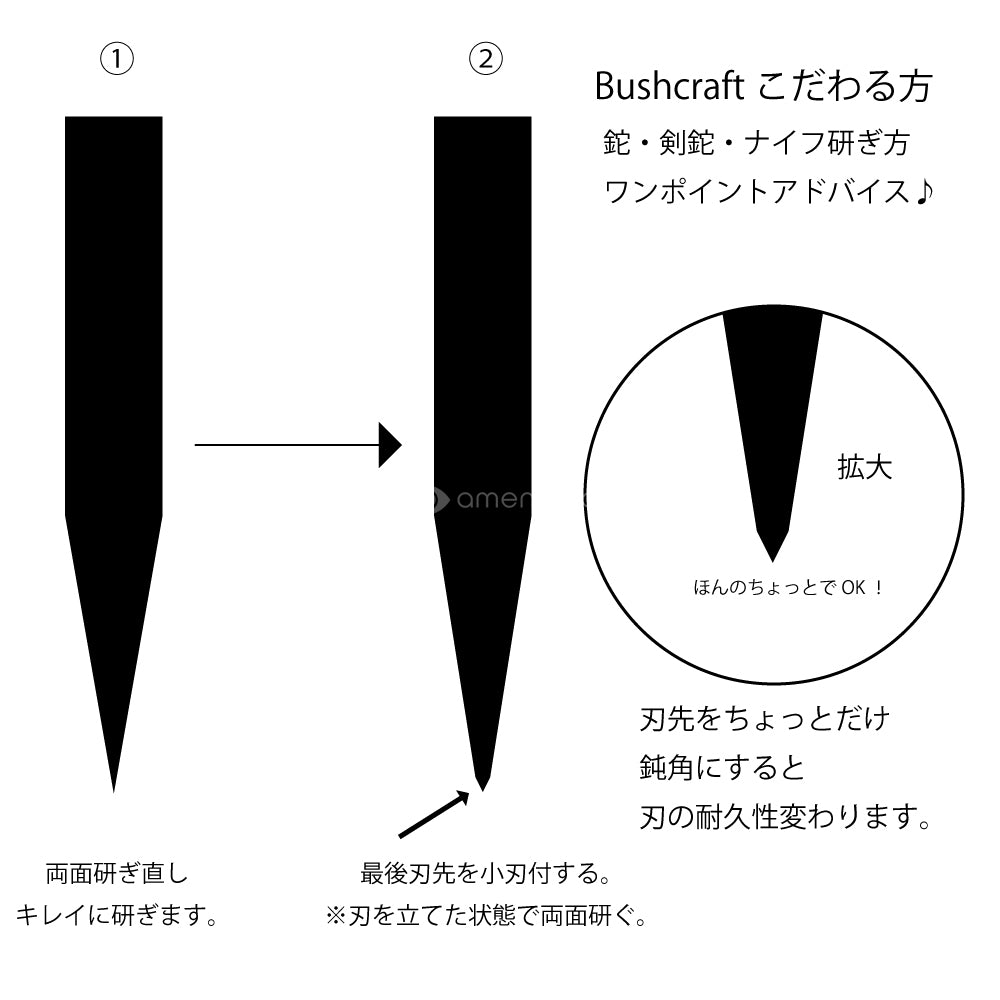 amenoma　Bushcraft knife　小刃付けで刃の強度が変わる。
